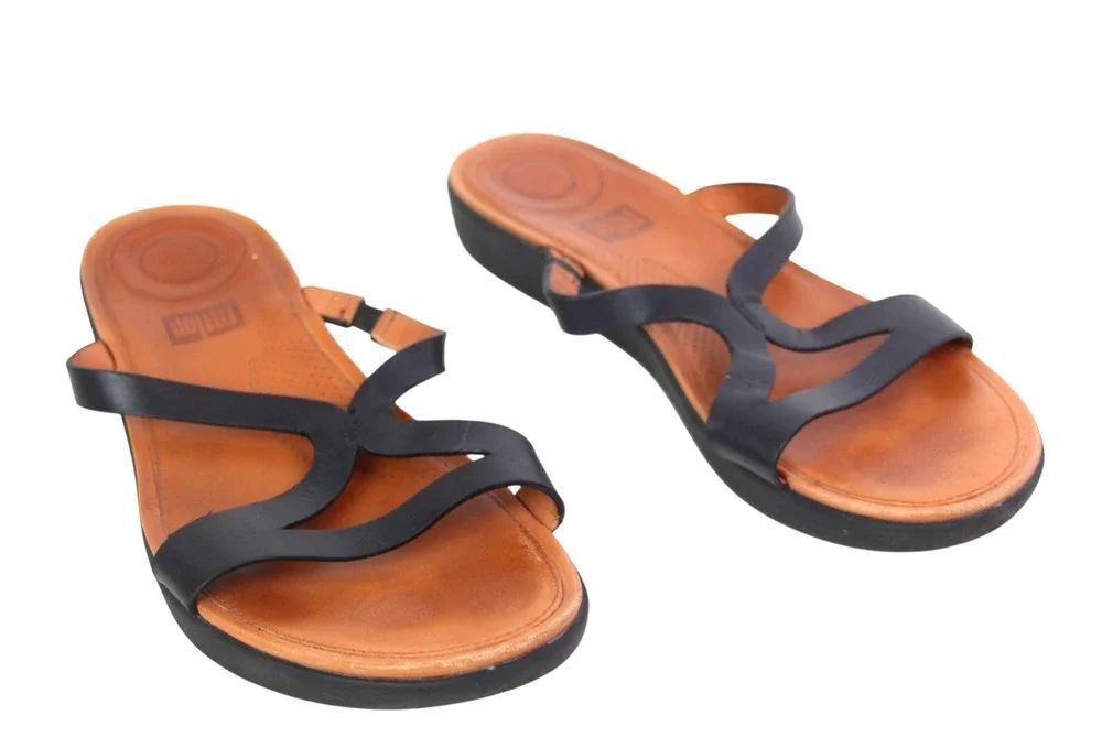 FITFLOP BLACK REAL LEATHER LOW HEEL OPEN TOE SANDALS MULES SHOES Size 8 US/39 EU